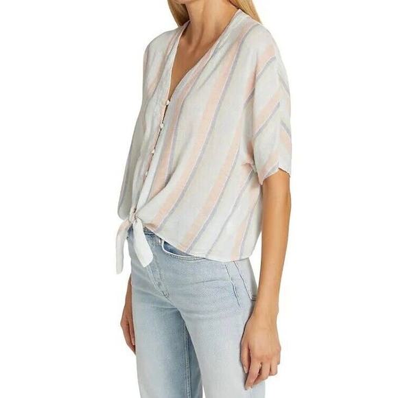 $148 Rails Women's Blue Thea Linen Blend V Neck Tie Front Striped Shirt Size M - Picture 1 of 8